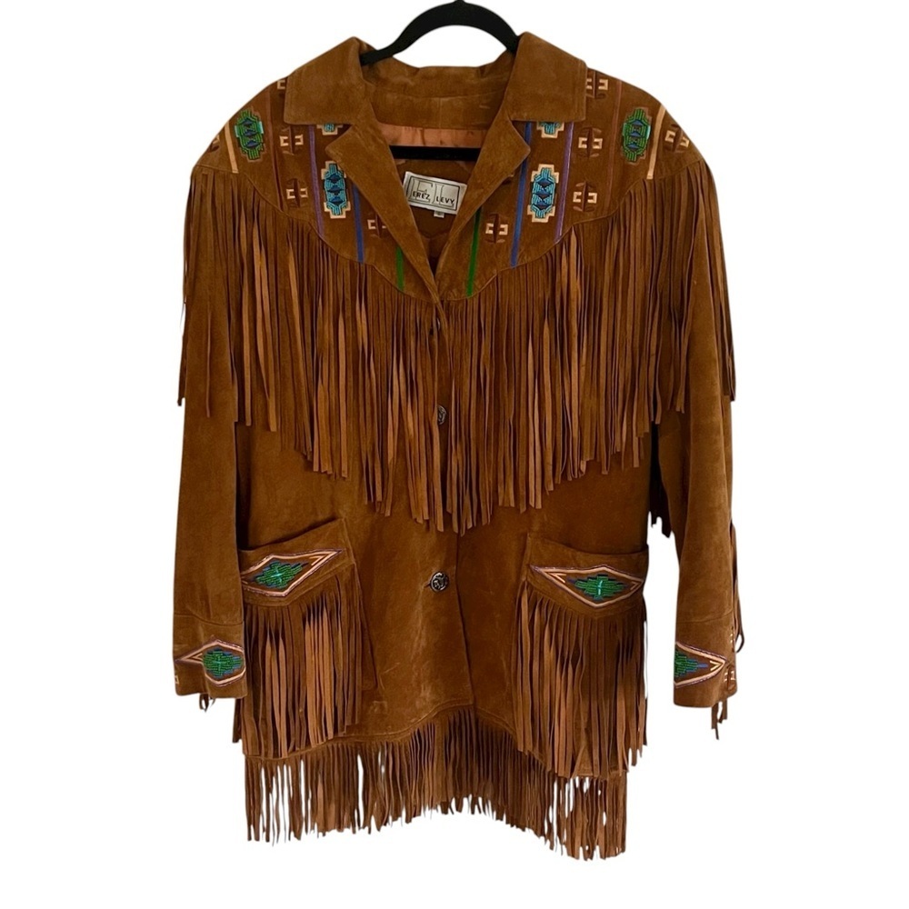 Erez Levy Suede Leather Embroidered Fringe Jacket Small
